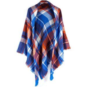 Women's Plaid Scarf Blanket Wrap Blue Orange